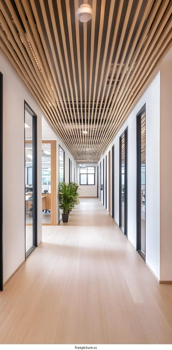 Modern Office Hallway with Wooden Ceiling and Glass Doors
