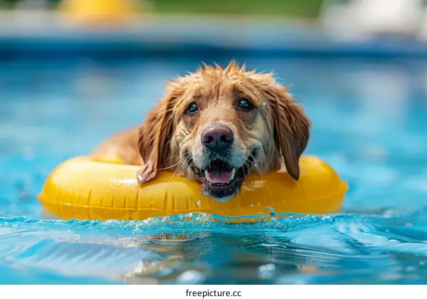 Golden Retriever playing with a yellow inflatable ring in a swimming pool