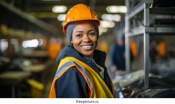 Black woman wearing hard hat and safety vest in factory