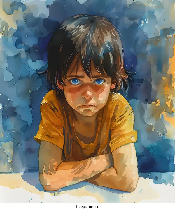 A boy with crossed arms is looking at the camera with a sad expression on his face.