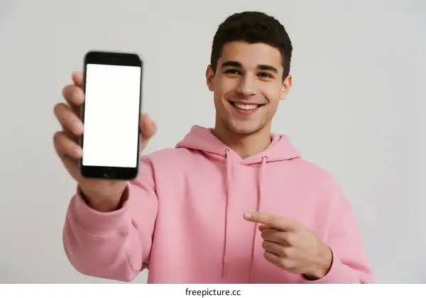 Young man holding smartphone with blank screen and pointing