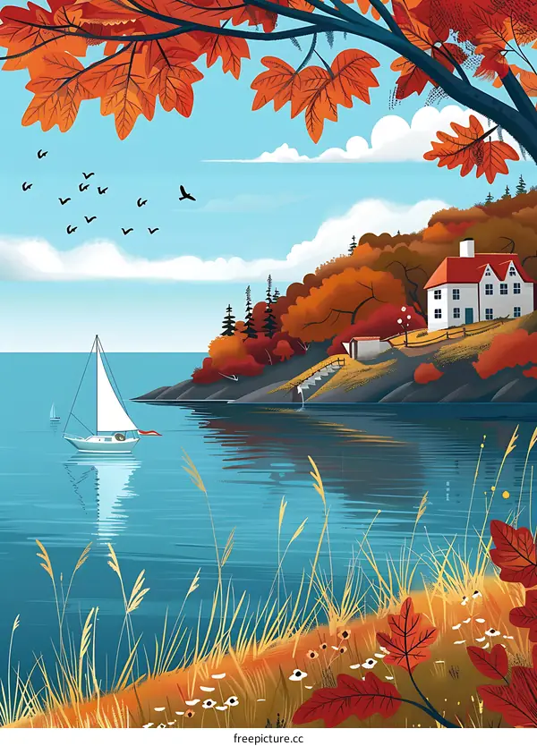Autumn Landscape with Red Leaves and a Sailboat