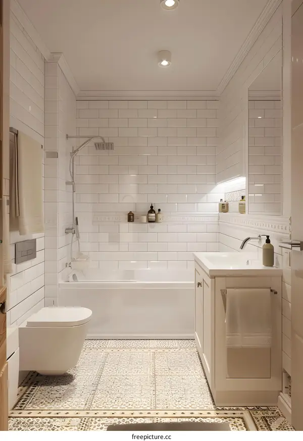 White Bathroom Interior Design with Bathtub and Shower