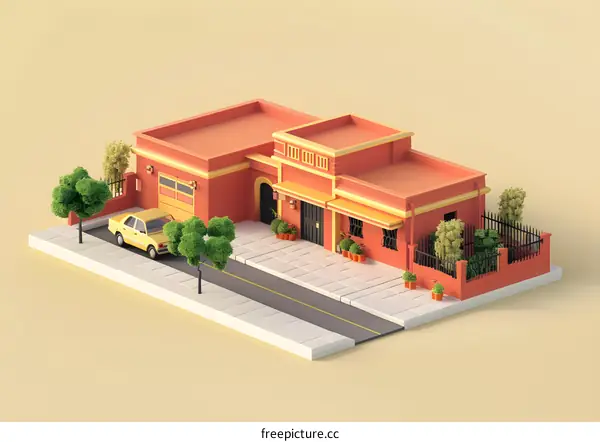 Low Poly House on a Street with Yellow Car