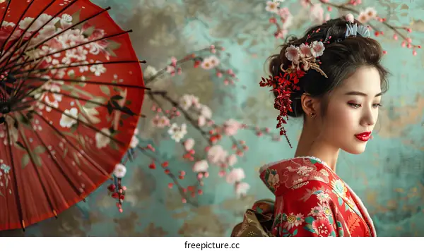 Portrait of a beautiful Japanese woman in traditional kimono with red umbrella