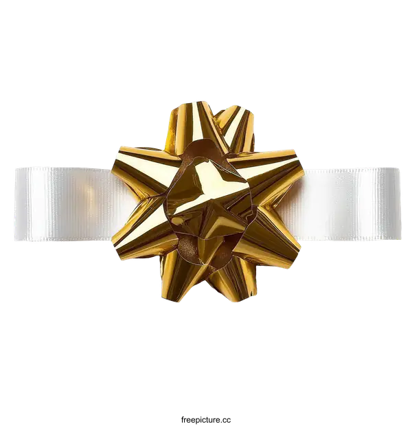 [Transparent Background PNG]Golden Gift Bow on White Ribbon