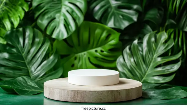 Modern Minimalist Product Display Against Lush Greenery