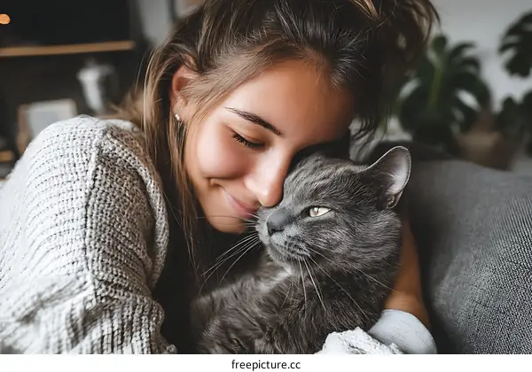 Woman and Cat Embrace Close Up