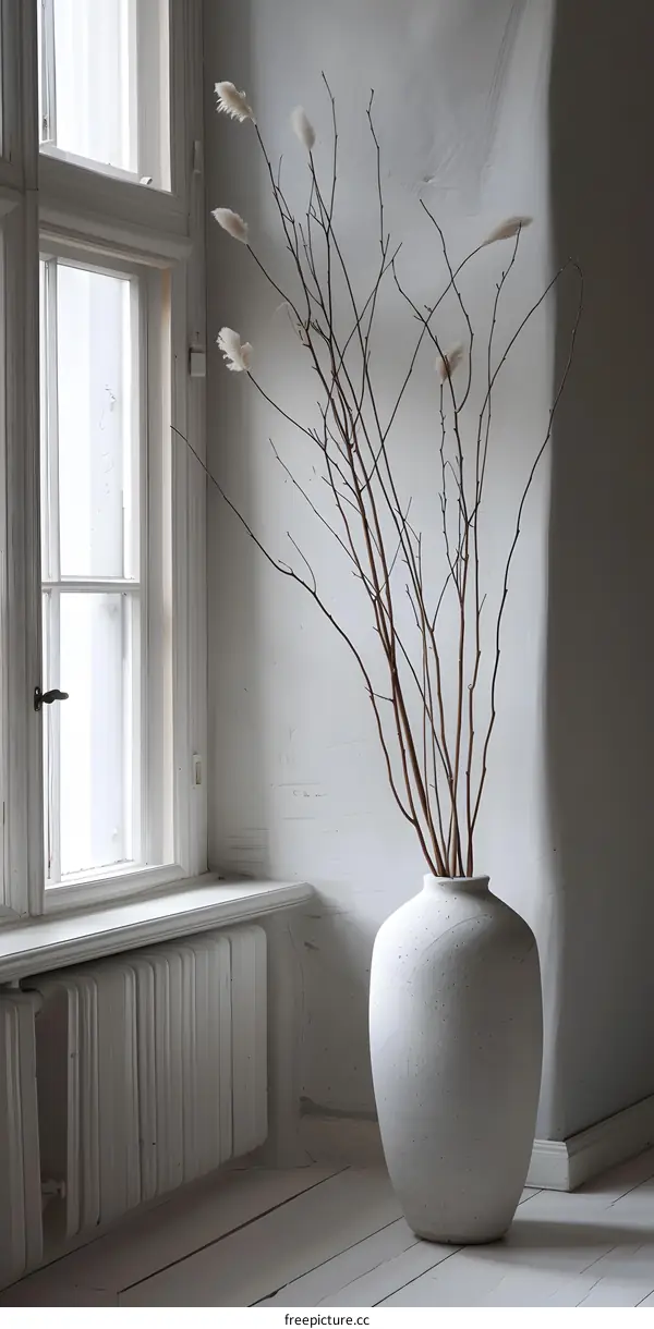 White Vase With Dried Branches in White Room With White Window