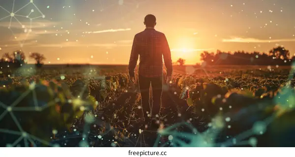 A farmer walks through a field of crops at sunset.