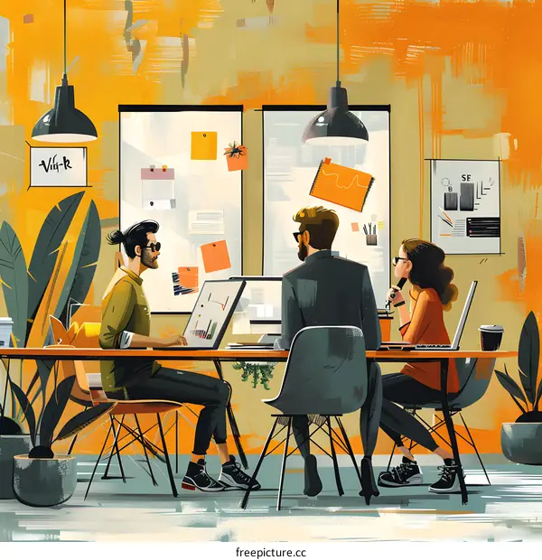 Three people discussing a project in an office