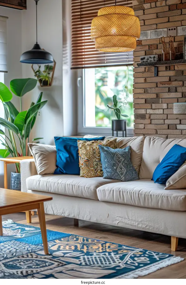 Modern living room interior with white sofa, blue pillows, brick wall and big windows