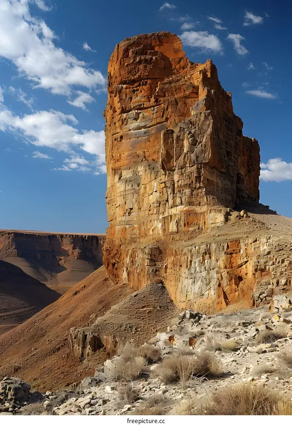 A rock tower in the middle of a desert canyon