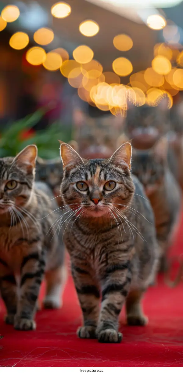 A group of cats walking on a red carpet with blurred lights in the background