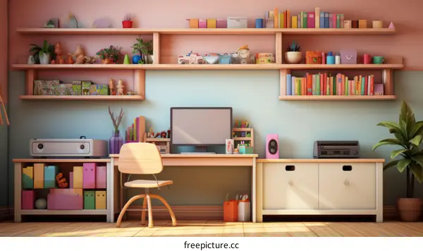 A colorful and organized home office with a large desk, computer, shelves, and plants