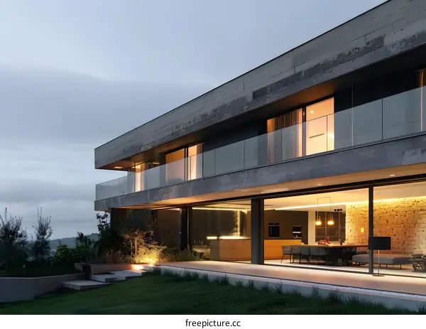 Modern Concrete House with Large Windows and Patio