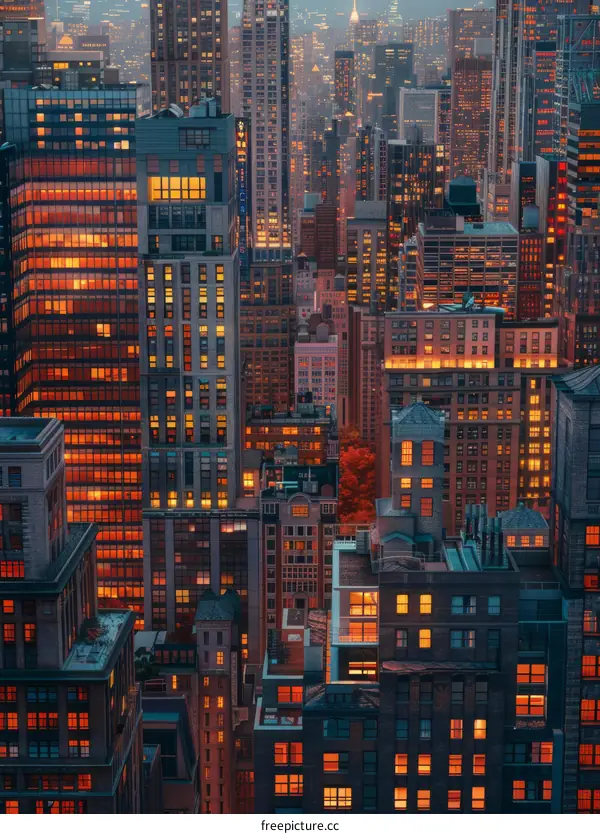 Night City Skyline View with Illuminated Buildings