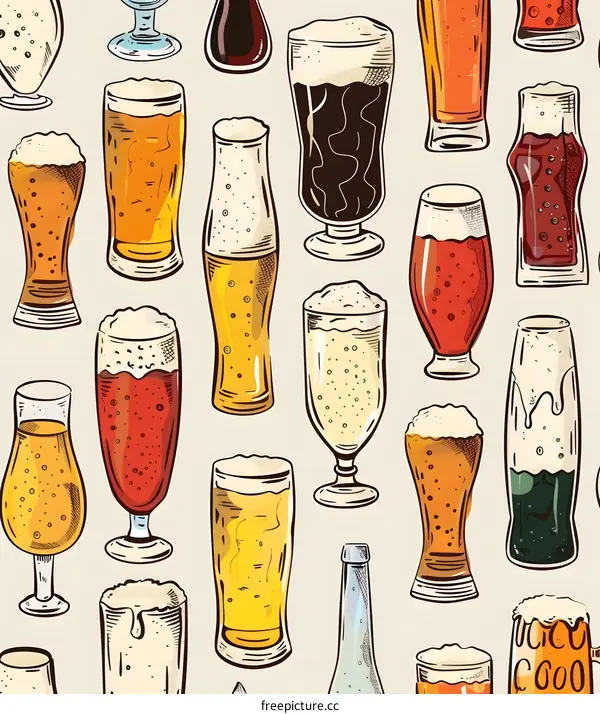 Hand Drawn Beer Glasses Seamless Pattern