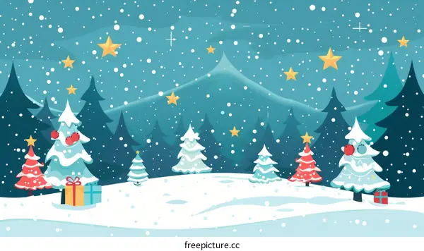 Snowy Christmas Landscape with Decorated Christmas Trees and Falling Snow