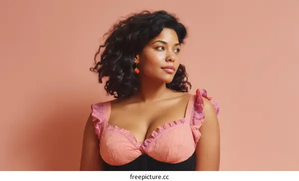 Plus Size Woman in Fashionable Pink Top against a Pink Background