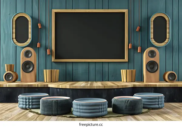 Wooden Stage With Speaker and Empty Chalkboard