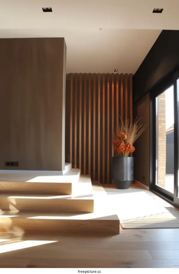 Interior of a Modern Home with Stairway and Flower Pot