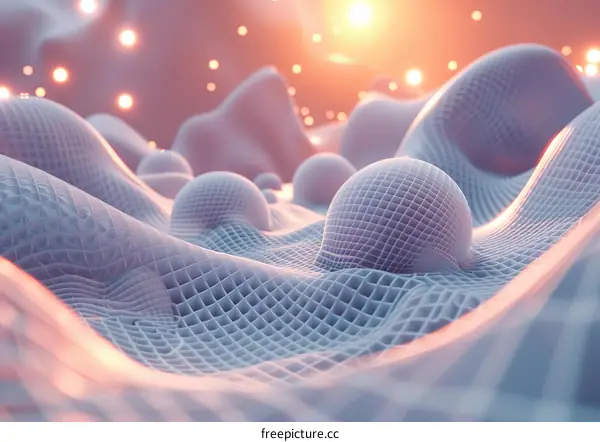 Futuristic landscape with glowing spheres and a bright light source