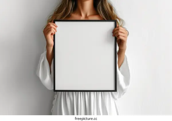 Elegant Woman in White Dress with Blank Picture Frame