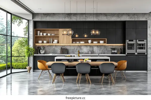 Modern Kitchen Interior Design with Large Windows