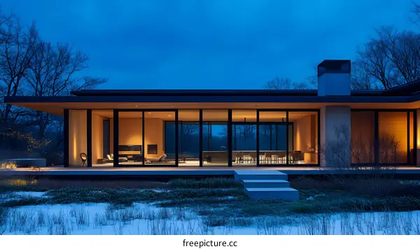 Modern House with Large Windows and Snowy Landscape