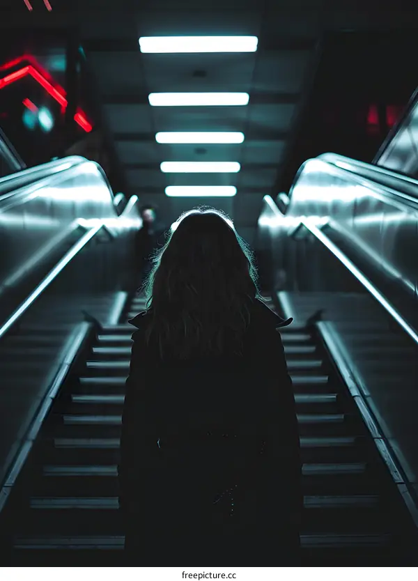 Woman Walking Up Escalator in Subway Station