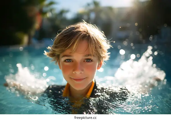 A Child Swimming in a Pool on a Sunny Day