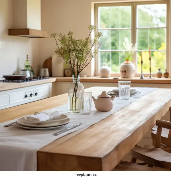 Rustic Wooden Dining Table with Flowers and Teapot