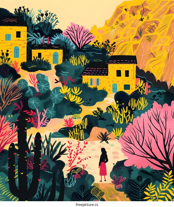 Woman Walking Through a Colorful Garden in a Village