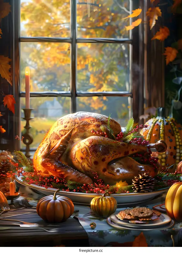 Thanksgiving dinner with roasted turkey, pumpkins, candles and autumn leaves
