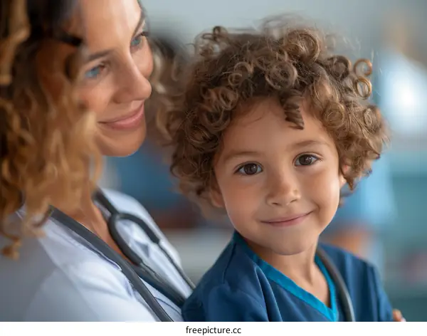 Pediatrician examining a smiling little boy
