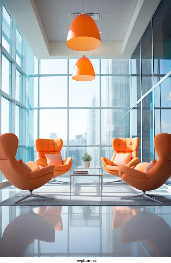 Four orange armchairs in a modern office space with a glass wall and a view of the city
