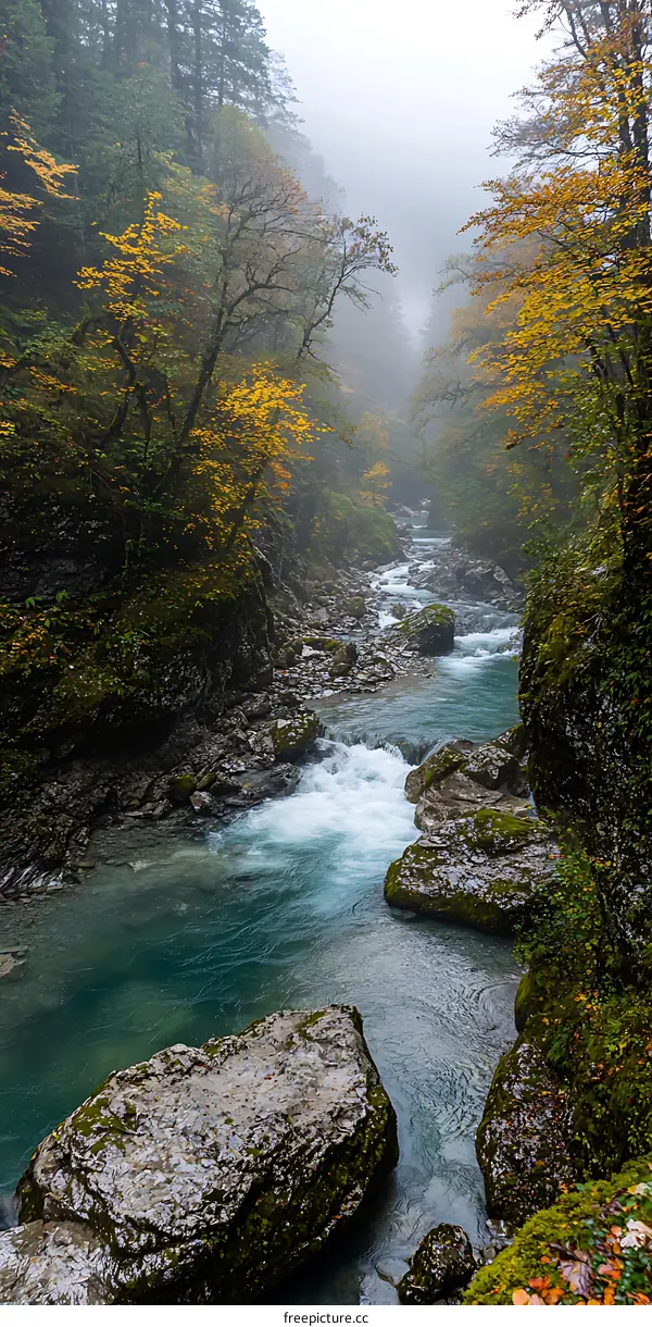 Autumn River Landscape with Foggy Forest