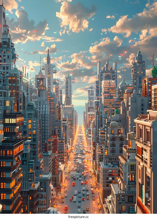 A wide street in a big city with tall buildings on both sides