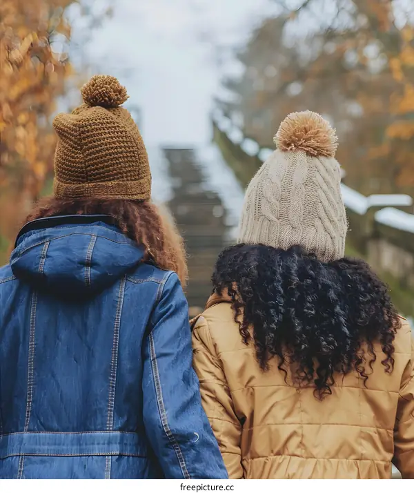 Two Black Women Walking Up Stairs in Autumn