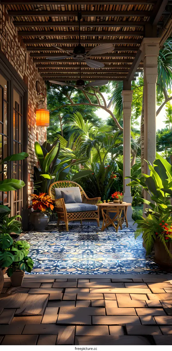Tropical Patio With Wicker Chair And Ceiling Fan