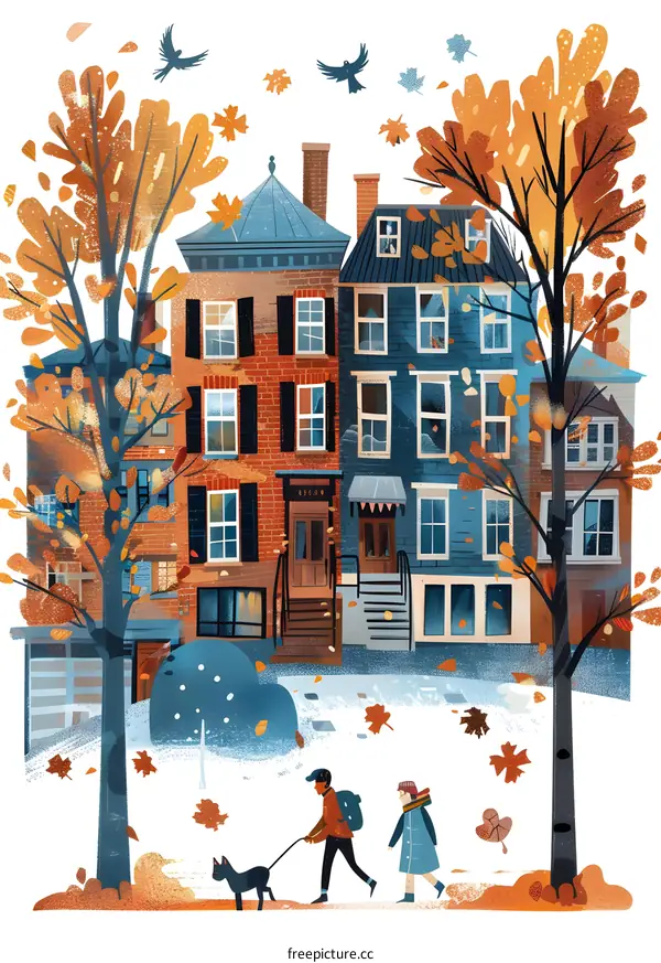 Autumn Walk with Dog in Front of Row Houses