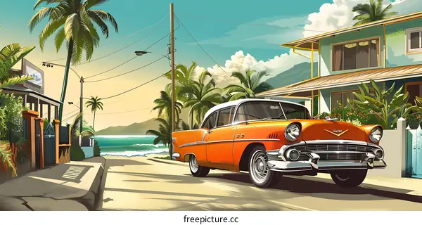 Vintage Car on Palm Tree Lined Street Near Ocean