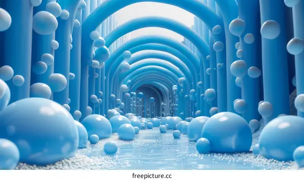 Abstract Blue Geometric Tunnel with Bubbles