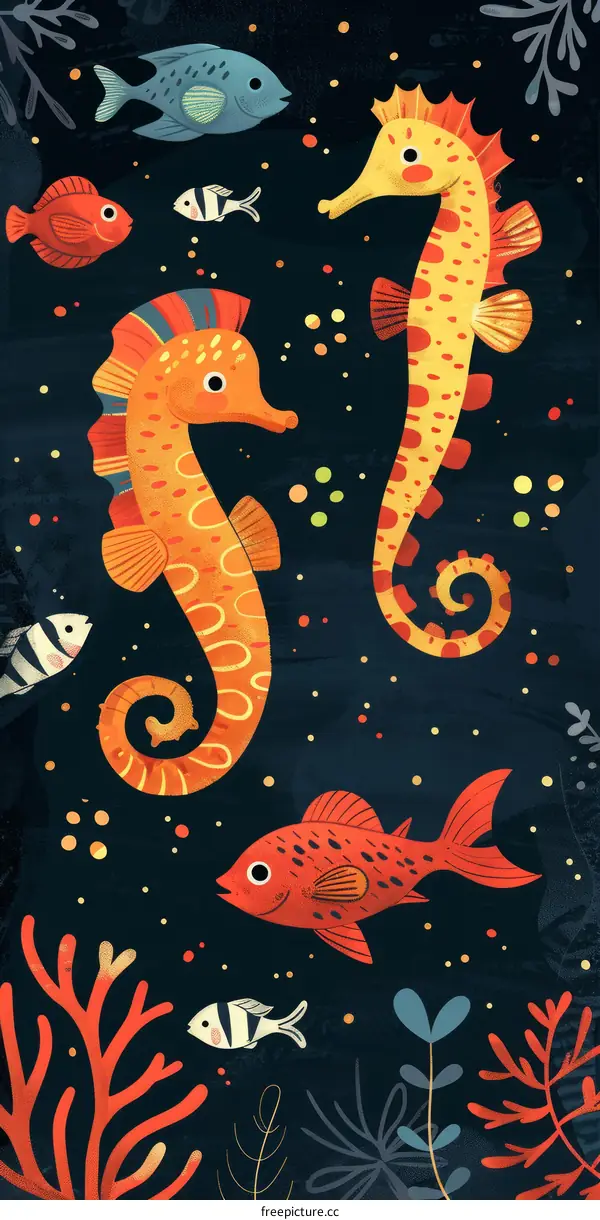 Orange Seahorses and Tropical Fish in a Coral Reef