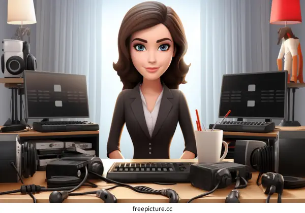 Confident Business Woman Sitting at Desk with Multiple Screens