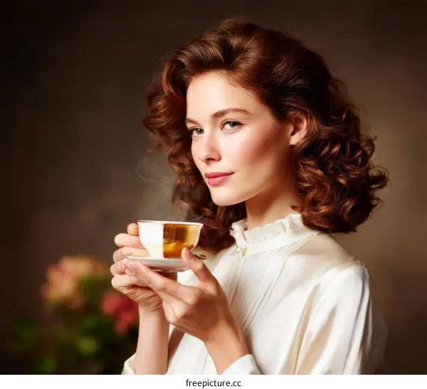 Elegant Woman Enjoying a Cup of Tea in Vintage Style