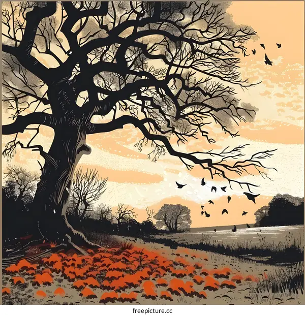 Silhouettes of Trees and Birds at Sunset