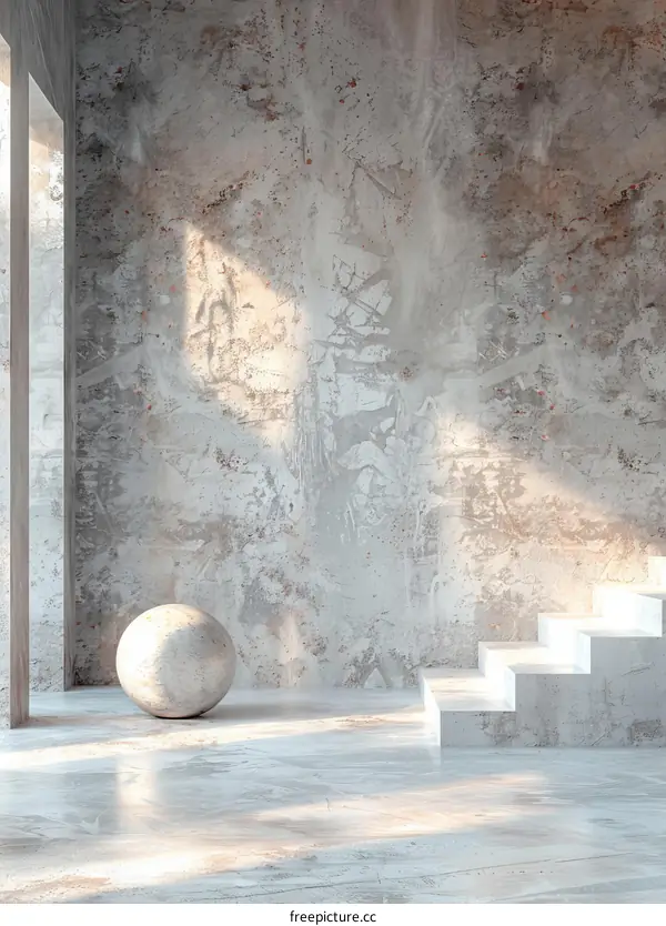 White Concrete Room Interior With Staircase and Sphere