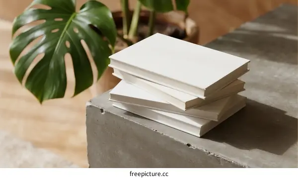 Stack of blank books placed on a concrete surface with green plant in background